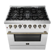 Forno Galiano 36-Inch Dual Fuel Range, 6 Sealed Brass Burners, 5.36 cu. ft. Convection Oven, White Stainless Steel with Antique Brass Accents, Model FFSGS6156-36WHT
