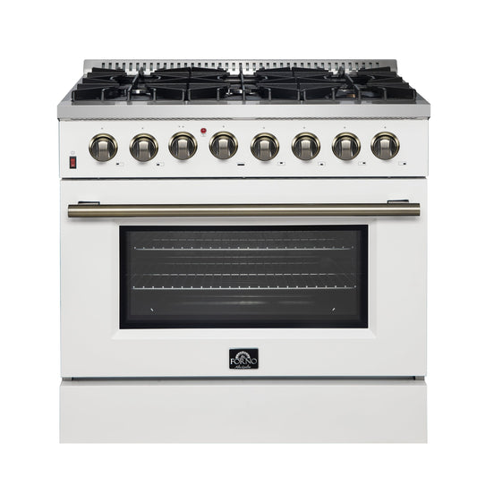 Forno Galiano 36-Inch Dual Fuel Range, 6 Sealed Brass Burners, 5.36 cu. ft. Convection Oven, White Stainless Steel with Antique Brass Accents, Model FFSGS6156-36WHT