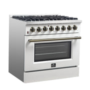 Forno Galiano 36-Inch Dual Fuel Range, 6 Sealed Brass Burners, 5.36 cu. ft. Convection Oven, White Stainless Steel with Antique Brass Accents, Model FFSGS6156-36WHT