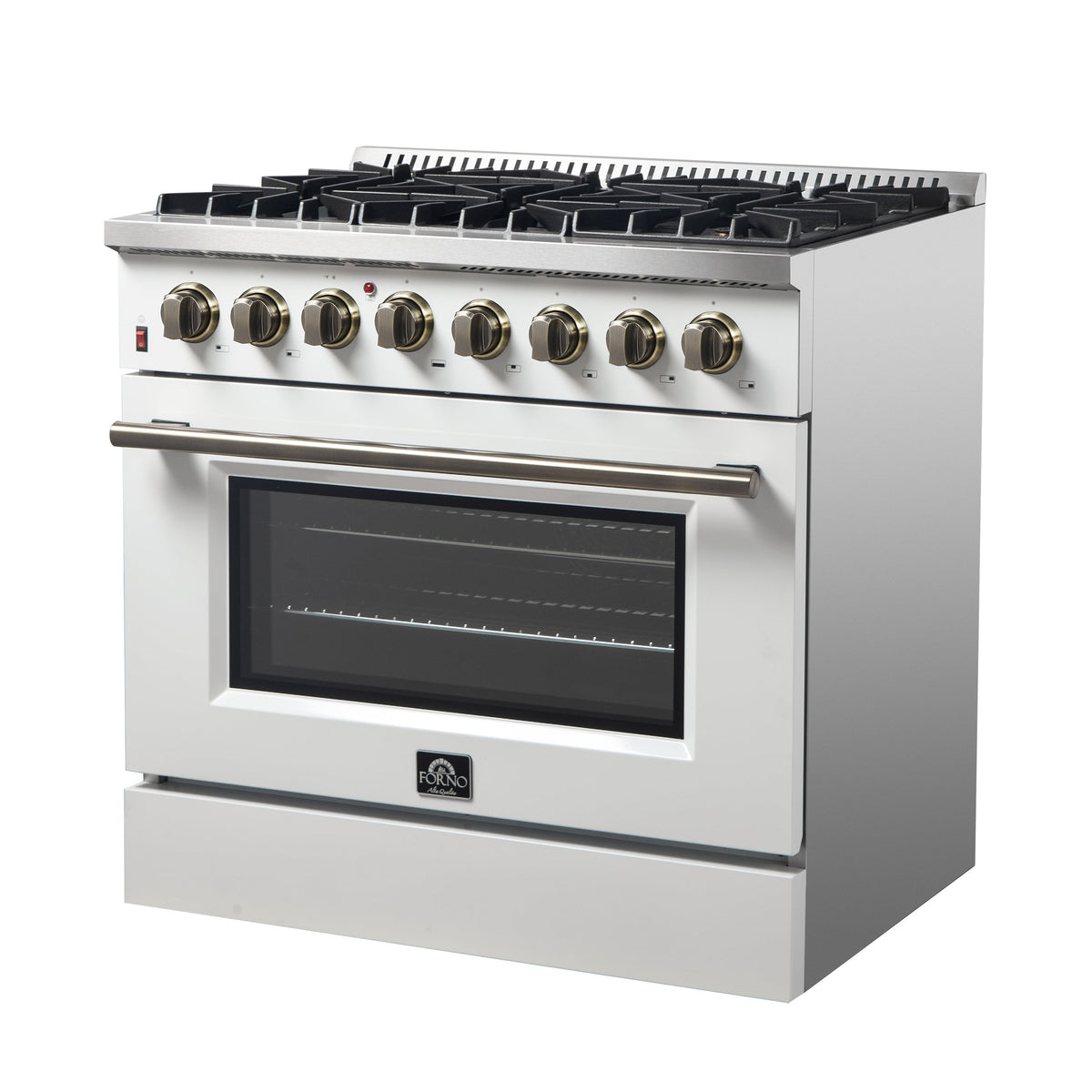 Forno Galiano 36-Inch Dual Fuel Range, 6 Sealed Brass Burners, 5.36 cu. ft. Convection Oven, White Stainless Steel with Antique Brass Accents, Model FFSGS6156-36WHT
