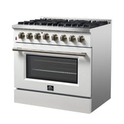 Forno Galiano 36-Inch Dual Fuel Range, 6 Sealed Brass Burners, 5.36 cu. ft. Convection Oven, White Stainless Steel with Antique Brass Accents, Model FFSGS6156-36WHT