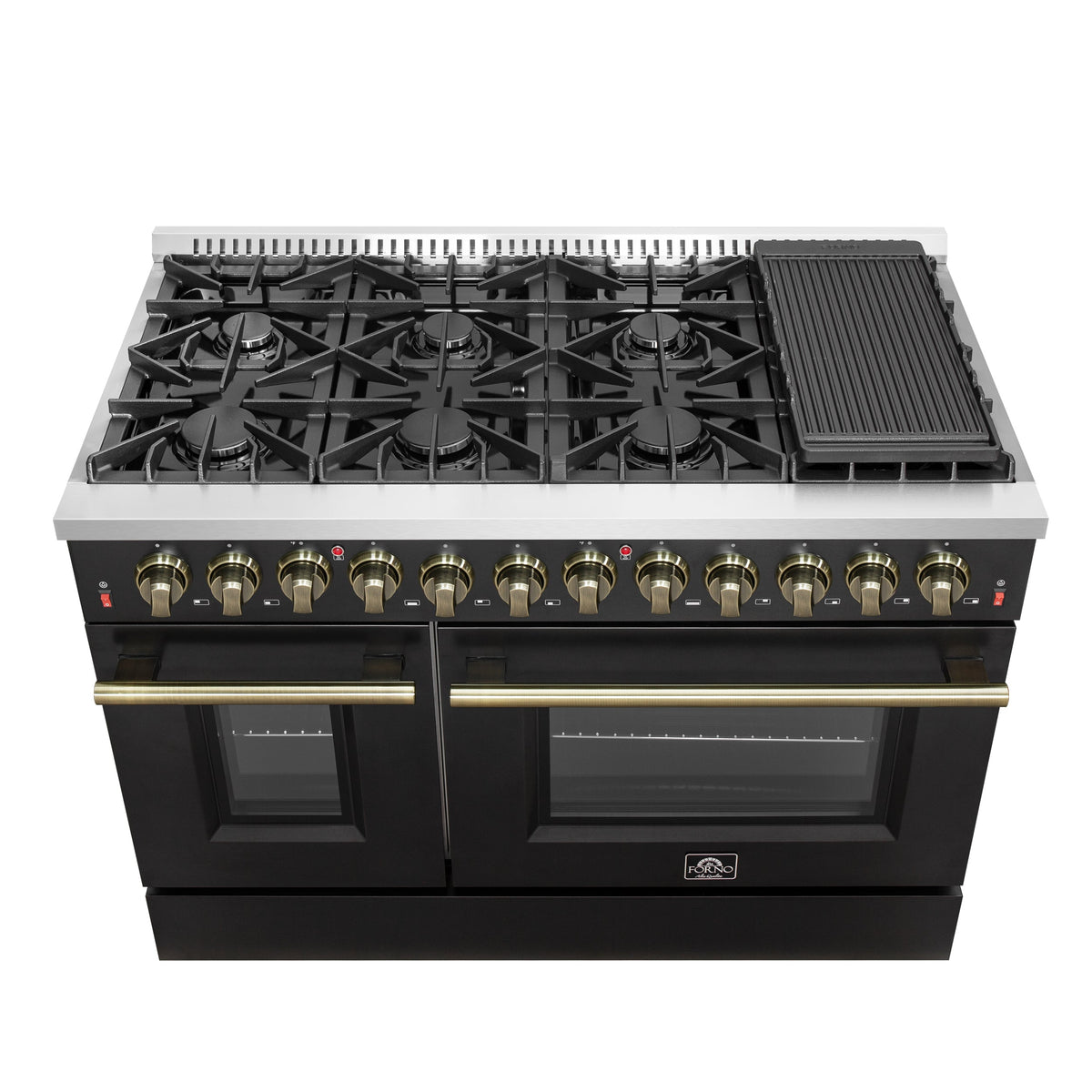 Forno Galiano 48-Inch Dual Fuel Range, 6.58 cu. ft., 8 Sealed Burners with Griddle, Black with Antique Brass Accents (Model FFSGS6156-48BLK)