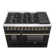 Forno Galiano 48-Inch Dual Fuel Range, 6.58 cu. ft., 8 Sealed Burners with Griddle, Black with Antique Brass Accents (Model FFSGS6156-48BLK)