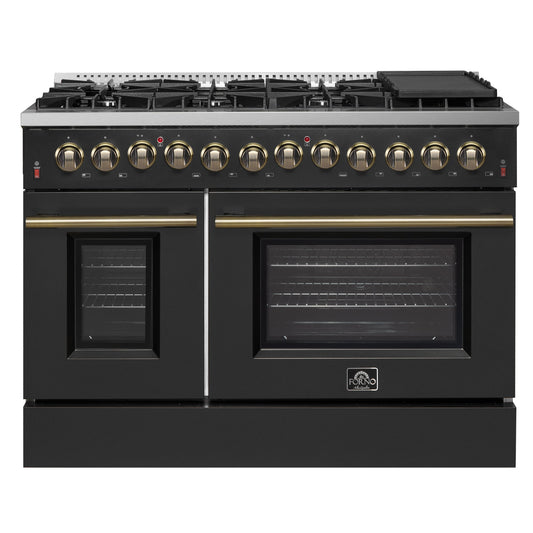 Forno Galiano 48-Inch Dual Fuel Range, 6.58 cu. ft., 8 Sealed Burners with Griddle, Black with Antique Brass Accents (Model FFSGS6156-48BLK)