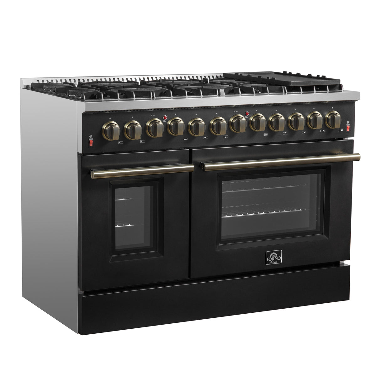 Forno Galiano 48-Inch Dual Fuel Range, 6.58 cu. ft., 8 Sealed Burners with Griddle, Black with Antique Brass Accents (Model FFSGS6156-48BLK)