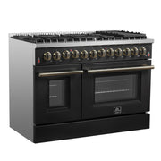 Forno Galiano 48-Inch Dual Fuel Range, 6.58 cu. ft., 8 Sealed Burners with Griddle, Black with Antique Brass Accents (Model FFSGS6156-48BLK)