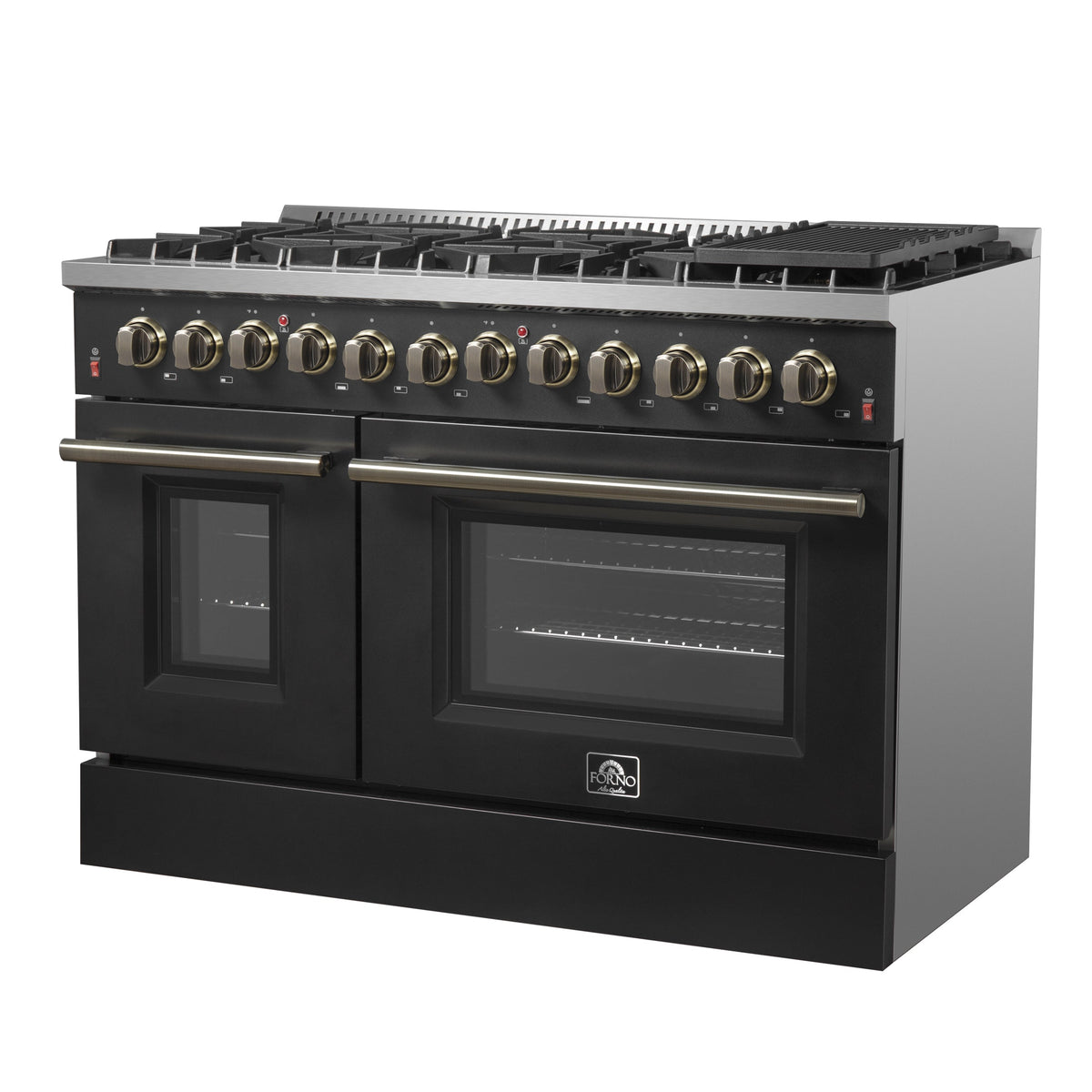 Forno Galiano 48-Inch Dual Fuel Range, 6.58 cu. ft., 8 Sealed Burners with Griddle, Black with Antique Brass Accents (Model FFSGS6156-48BLK)