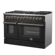 Forno Galiano 48-Inch Dual Fuel Range, 6.58 cu. ft., 8 Sealed Burners with Griddle, Black with Antique Brass Accents (Model FFSGS6156-48BLK)
