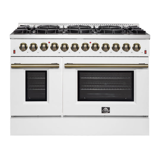 Forno Galiano 48-Inch Freestanding Dual Fuel Range with Gas Cooktop, Electric Oven, 6.58 cu. ft., 8 Sealed Burners and Griddle, White (Model FFSGS6156-48WHT)