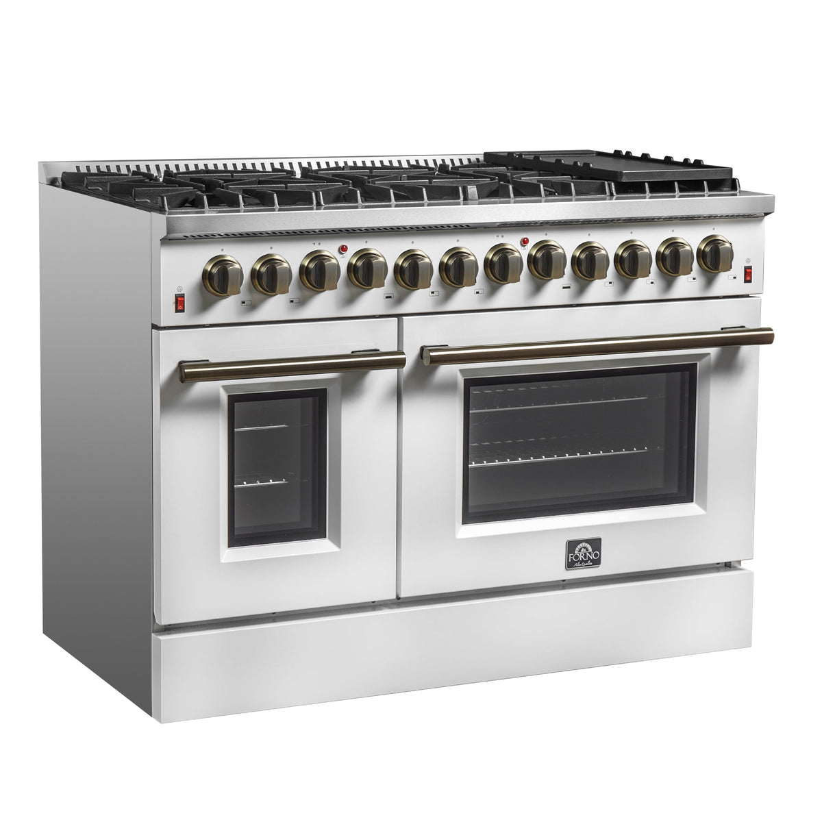 Forno Galiano 48-Inch Freestanding Dual Fuel Range with Gas Cooktop, Electric Oven, 6.58 cu. ft., 8 Sealed Burners and Griddle, White (Model FFSGS6156-48WHT)