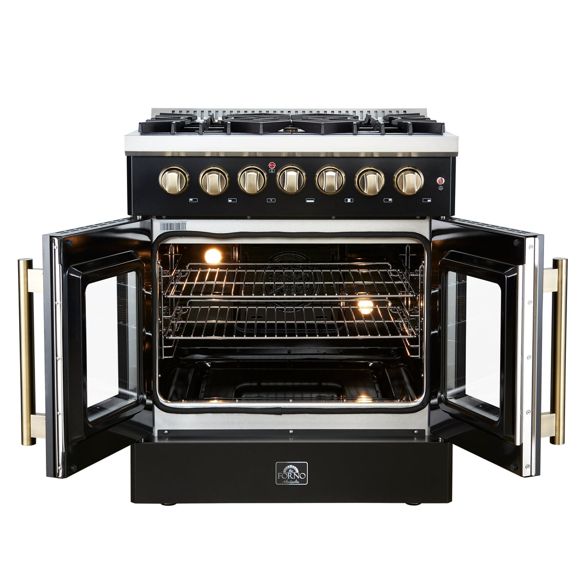 Forno Galiano 30-Inch Dual Fuel Range, 4.32 cu. ft., 5 Sealed Burners, French Door Oven, Black with Antique Brass Accents (Model FFSGS6356-30BLK)
