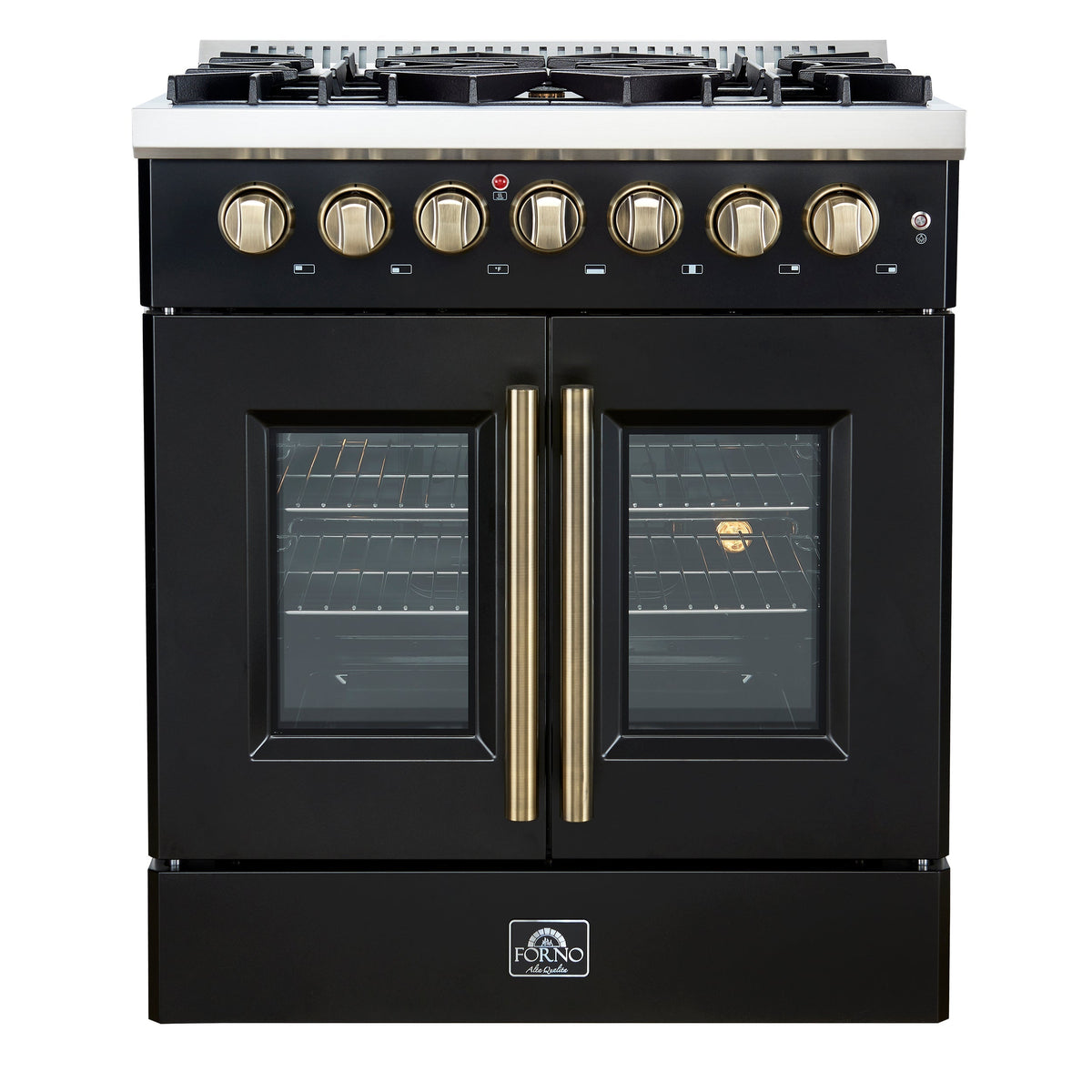 Forno Galiano 30-Inch Dual Fuel Range, 4.32 cu. ft., 5 Sealed Burners, French Door Oven, Black with Antique Brass Accents (Model FFSGS6356-30BLK)