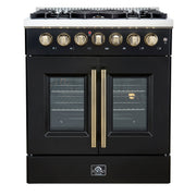 Forno Galiano 30-Inch Dual Fuel Range, 4.32 cu. ft., 5 Sealed Burners, French Door Oven, Black with Antique Brass Accents (Model FFSGS6356-30BLK)