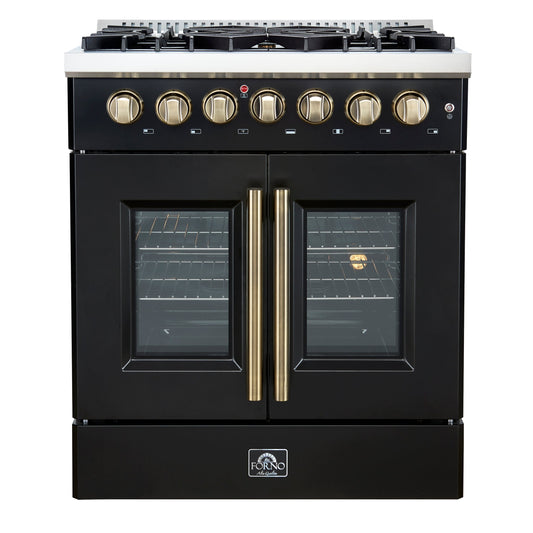 Forno Galiano 30-Inch Dual Fuel Range, 4.32 cu. ft., 5 Sealed Burners, French Door Oven, Black with Antique Brass Accents (Model FFSGS6356-30BLK)