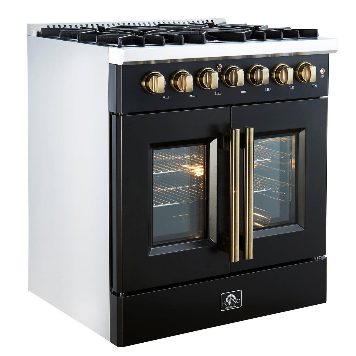 Forno Galiano 30-Inch Dual Fuel Range, 4.32 cu. ft., 5 Sealed Burners, French Door Oven, Black with Antique Brass Accents (Model FFSGS6356-30BLK)