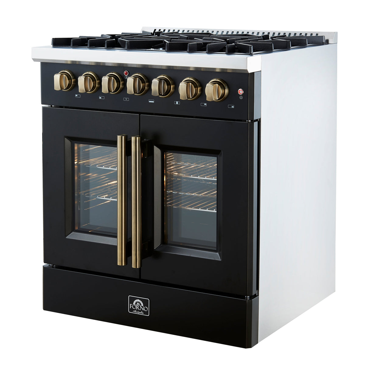 Forno Galiano 30-Inch Dual Fuel Range, 4.32 cu. ft., 5 Sealed Burners, French Door Oven, Black with Antique Brass Accents (Model FFSGS6356-30BLK)