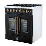 Forno Galiano 30-Inch Dual Fuel Range, 4.32 cu. ft., 5 Sealed Burners, French Door Oven, Black with Antique Brass Accents (Model FFSGS6356-30BLK)