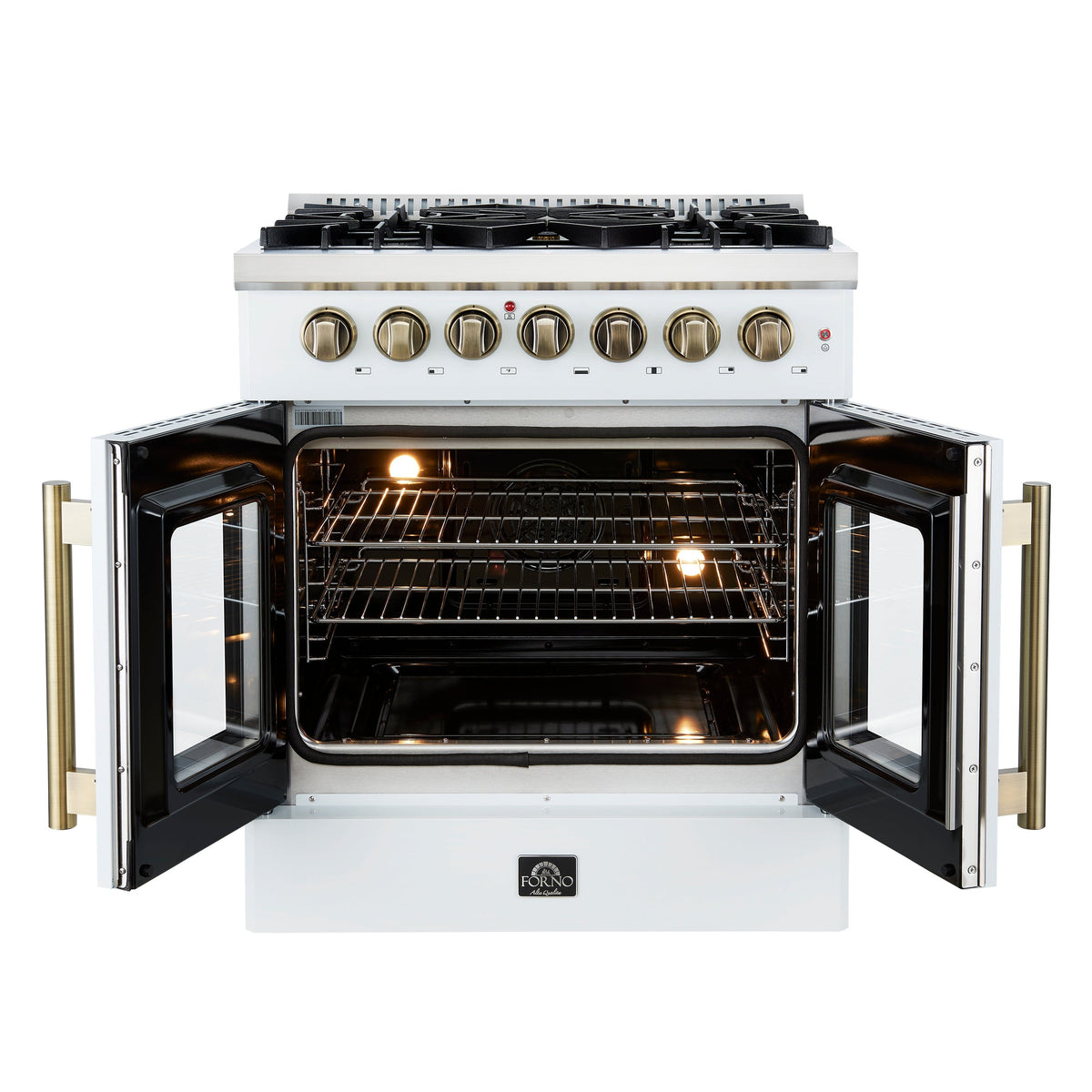 Forno Galiano 30-Inch Dual Fuel Range with French Door Oven, 5 Sealed Burners, 4.32 cu. ft., White with Antique Brass Accents (Model FFSGS6356-30WHT)