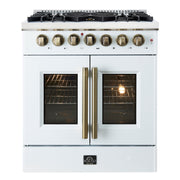 Forno Galiano 30-Inch Dual Fuel Range with French Door Oven, 5 Sealed Burners, 4.32 cu. ft., White with Antique Brass Accents (Model FFSGS6356-30WHT)