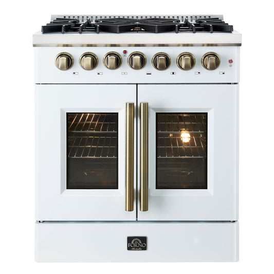 Forno Galiano 30-Inch Dual Fuel Range with French Door Oven, 5 Sealed Burners, 4.32 cu. ft., White with Antique Brass Accents (Model FFSGS6356-30WHT)