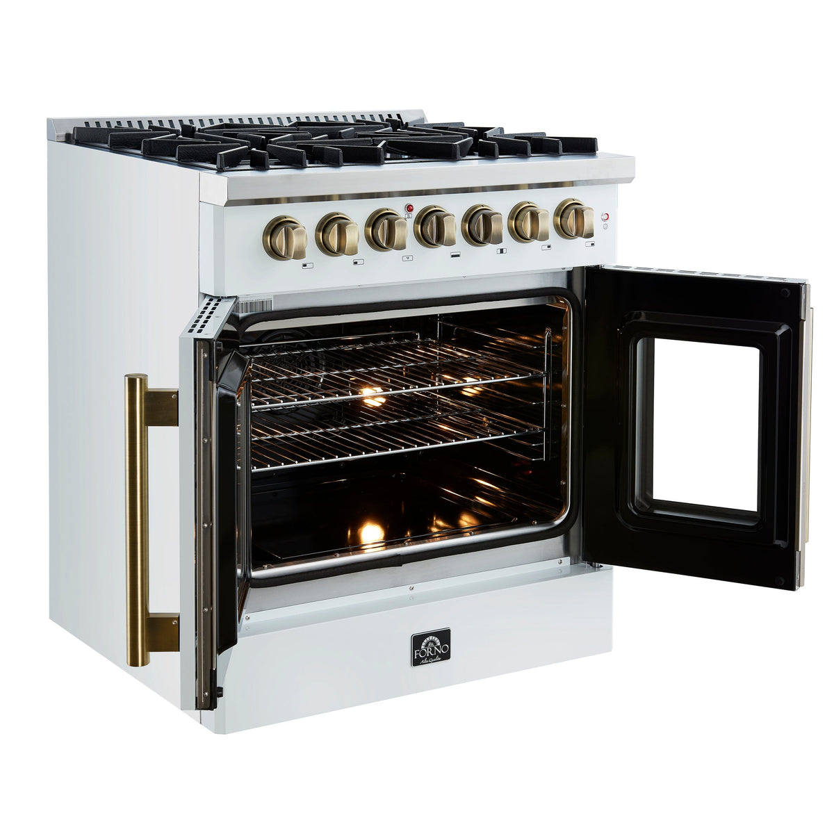 Forno Galiano 30-Inch Dual Fuel Range with French Door Oven, 5 Sealed Burners, 4.32 cu. ft., White with Antique Brass Accents (Model FFSGS6356-30WHT)