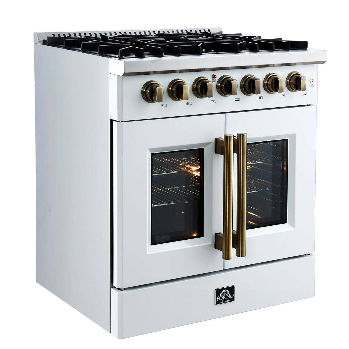 Forno Galiano 30-Inch Dual Fuel Range with French Door Oven, 5 Sealed Burners, 4.32 cu. ft., White with Antique Brass Accents (Model FFSGS6356-30WHT)