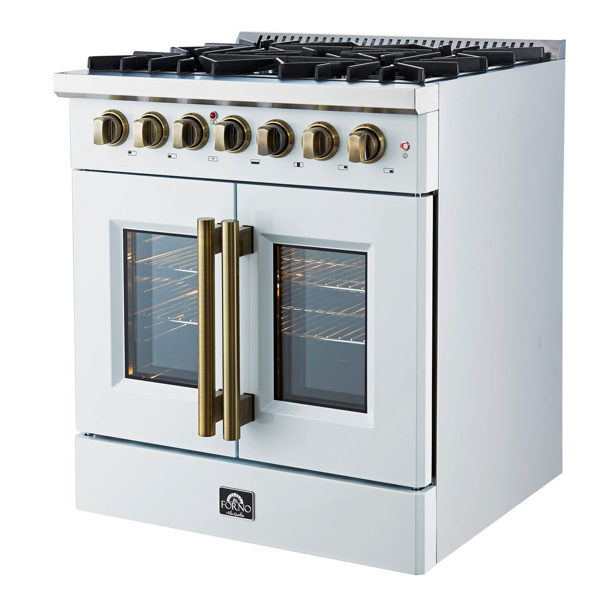 Forno Galiano 30-Inch Dual Fuel Range with French Door Oven, 5 Sealed Burners, 4.32 cu. ft., White with Antique Brass Accents (Model FFSGS6356-30WHT)