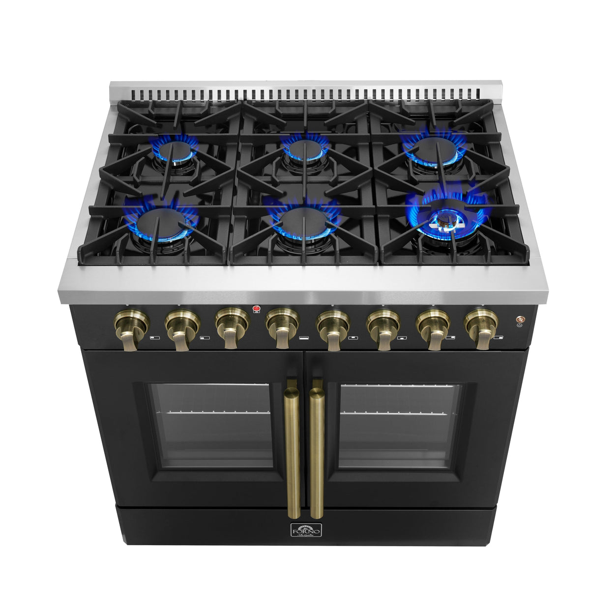 FORNO Galiano 36-Inch Dual Fuel Range, 5.36 cu. ft. French Door Oven, 6 Sealed Burners, Black with Antique Brass Accents (Model FFSGS6356-36BLK)