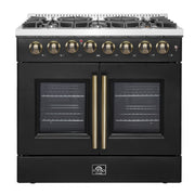 FORNO Galiano 36-Inch Dual Fuel Range, 5.36 cu. ft. French Door Oven, 6 Sealed Burners, Black with Antique Brass Accents (Model FFSGS6356-36BLK)