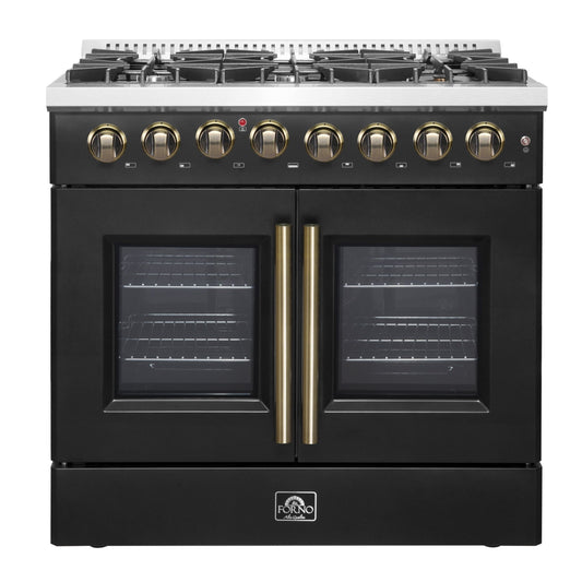 FORNO Galiano 36-Inch Dual Fuel Range, 5.36 cu. ft. French Door Oven, 6 Sealed Burners, Black with Antique Brass Accents (Model FFSGS6356-36BLK)