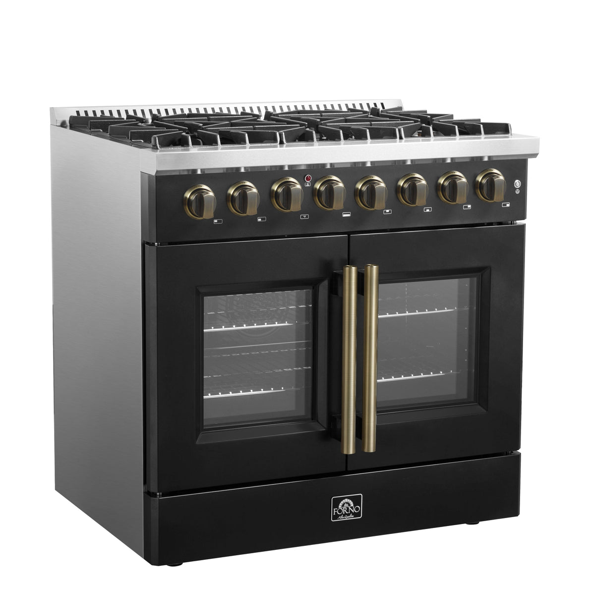 FORNO Galiano 36-Inch Dual Fuel Range, 5.36 cu. ft. French Door Oven, 6 Sealed Burners, Black with Antique Brass Accents (Model FFSGS6356-36BLK)
