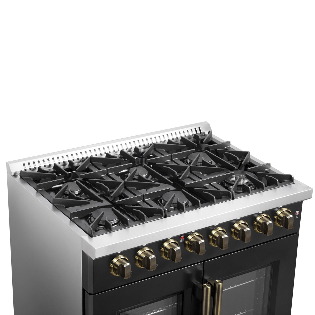 FORNO Galiano 36-Inch Dual Fuel Range, 5.36 cu. ft. French Door Oven, 6 Sealed Burners, Black with Antique Brass Accents (Model FFSGS6356-36BLK)