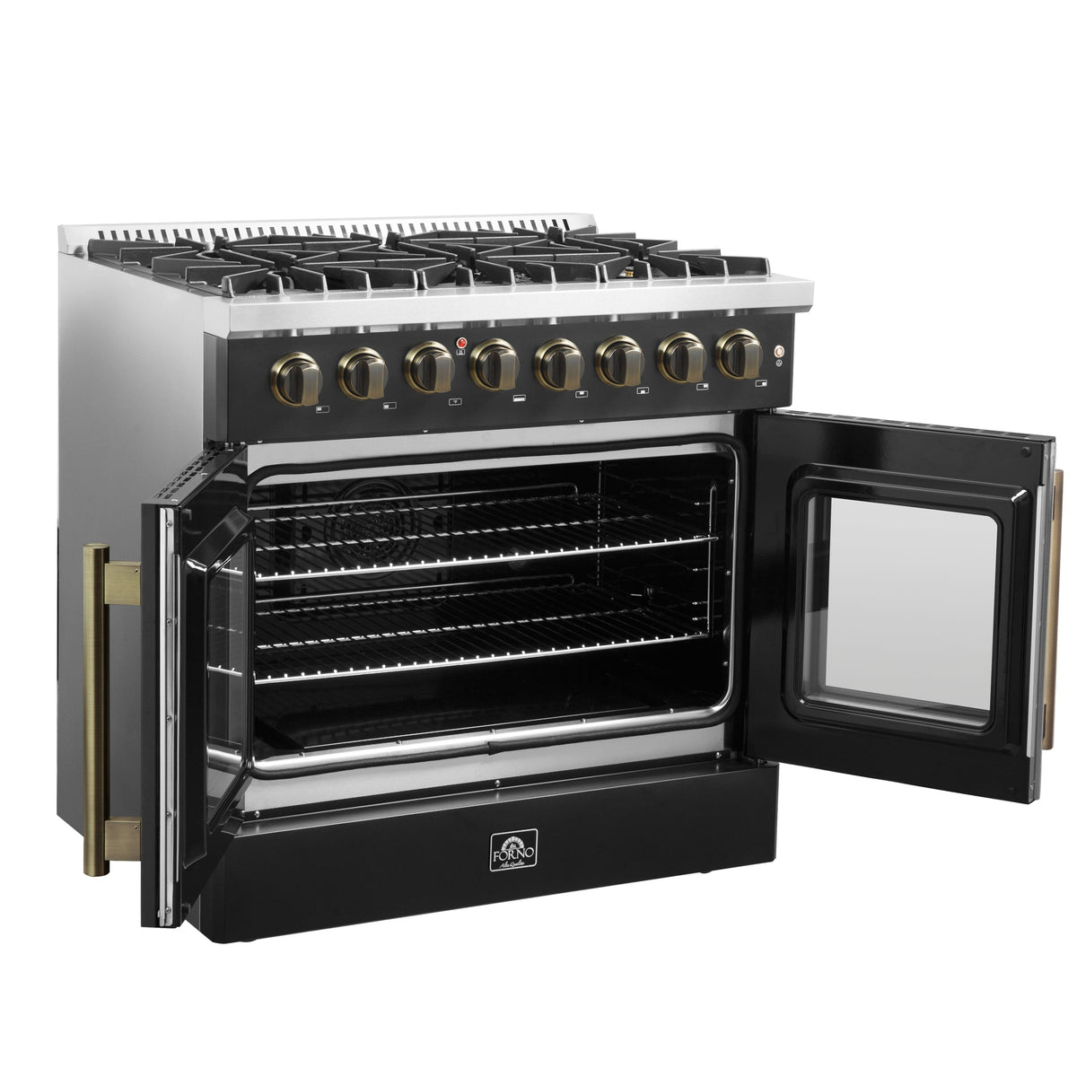 FORNO Galiano 36-Inch Dual Fuel Range, 5.36 cu. ft. French Door Oven, 6 Sealed Burners, Black with Antique Brass Accents (Model FFSGS6356-36BLK)