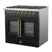 FORNO Galiano 36-Inch Dual Fuel Range, 5.36 cu. ft. French Door Oven, 6 Sealed Burners, Black with Antique Brass Accents (Model FFSGS6356-36BLK)
