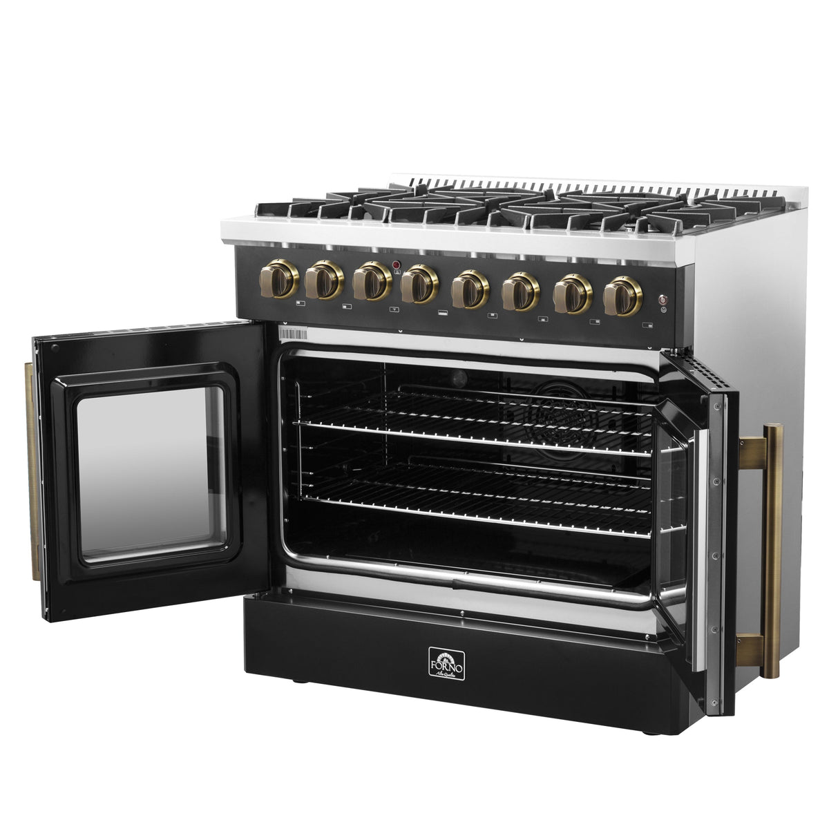 FORNO Galiano 36-Inch Dual Fuel Range, 5.36 cu. ft. French Door Oven, 6 Sealed Burners, Black with Antique Brass Accents (Model FFSGS6356-36BLK)