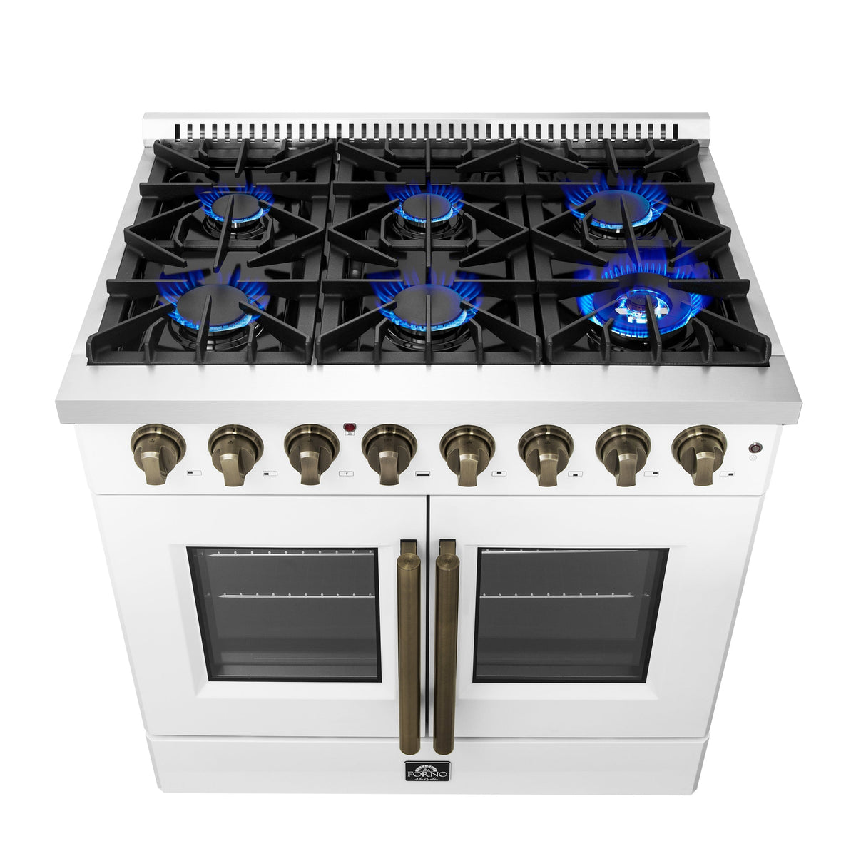 FORNO Galiano 36-Inch Dual Fuel Range, 5.36 cu. ft. French Door Oven, 6 Sealed Burners, White with Antique Brass Accents (Model FFSGS6356-36WHT)