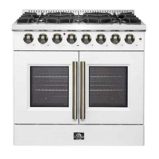FORNO Galiano 36-Inch Dual Fuel Range, 5.36 cu. ft. French Door Oven, 6 Sealed Burners, White with Antique Brass Accents (Model FFSGS6356-36WHT)
