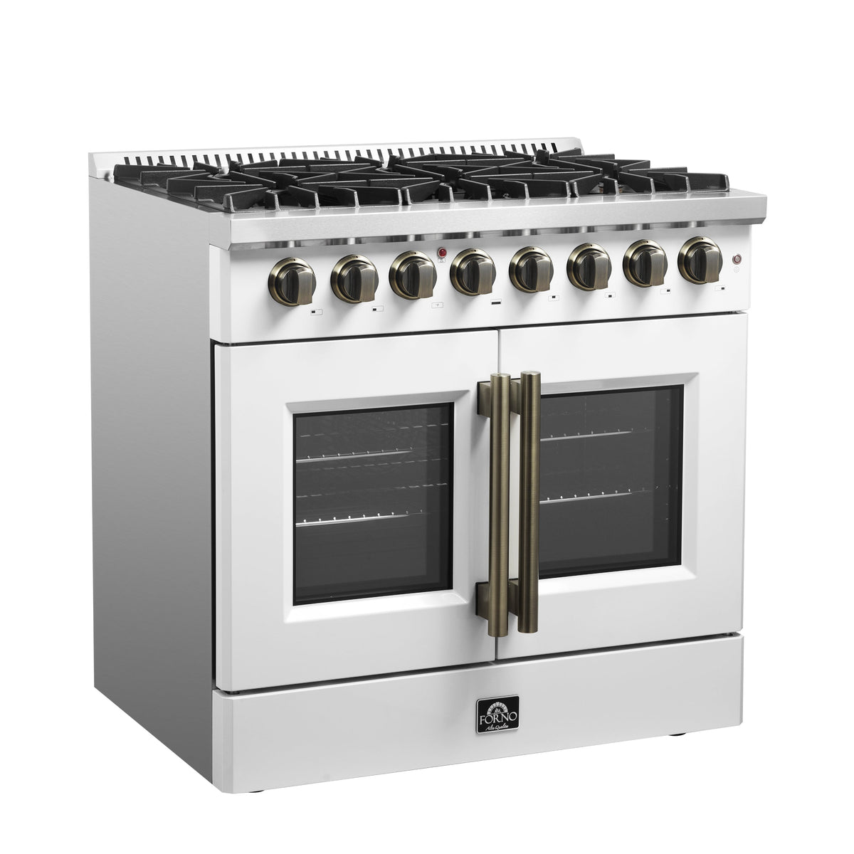 FORNO Galiano 36-Inch Dual Fuel Range, 5.36 cu. ft. French Door Oven, 6 Sealed Burners, White with Antique Brass Accents (Model FFSGS6356-36WHT)