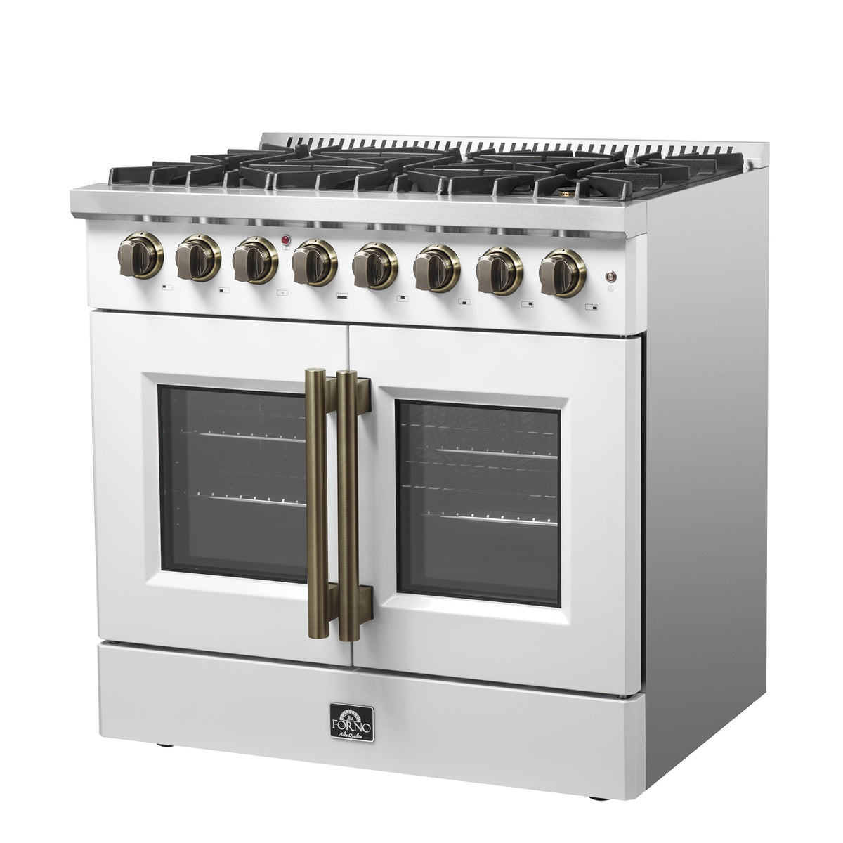 FORNO Galiano 36-Inch Dual Fuel Range, 5.36 cu. ft. French Door Oven, 6 Sealed Burners, White with Antique Brass Accents (Model FFSGS6356-36WHT)