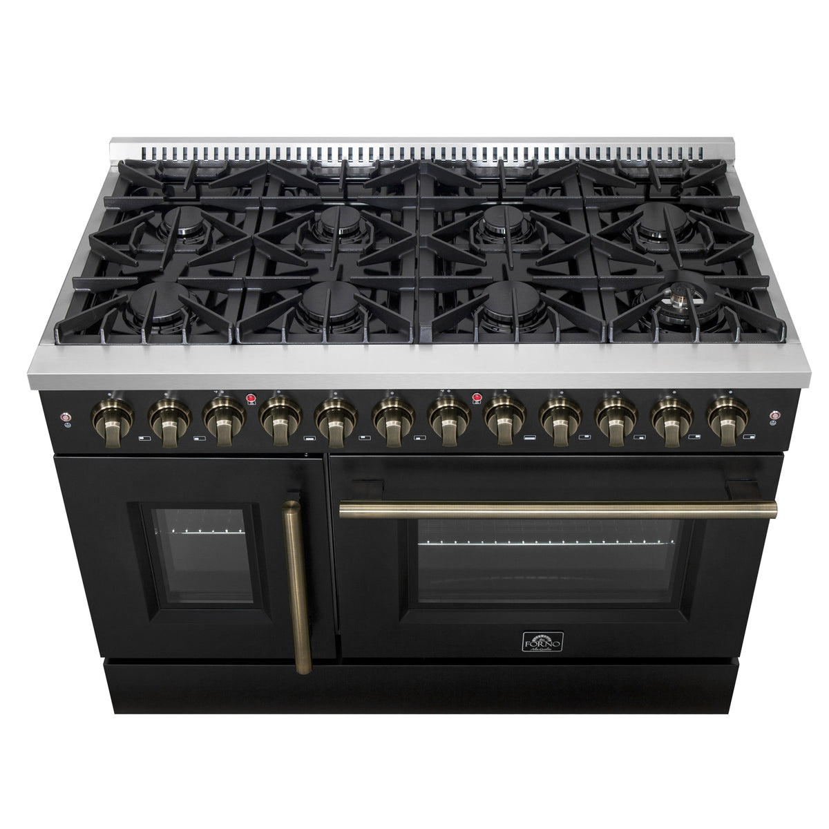 Forno Galiano 48-Inch Dual Fuel Range with French Door Oven, 6.58 cu. ft., 8 Sealed Burners, Griddle, Black with Antique Brass Accents (Model FFSGS6356-48BLK)