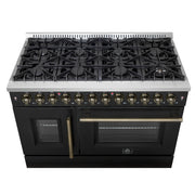 Forno Galiano 48-Inch Dual Fuel Range with French Door Oven, 6.58 cu. ft., 8 Sealed Burners, Griddle, Black with Antique Brass Accents (Model FFSGS6356-48BLK)