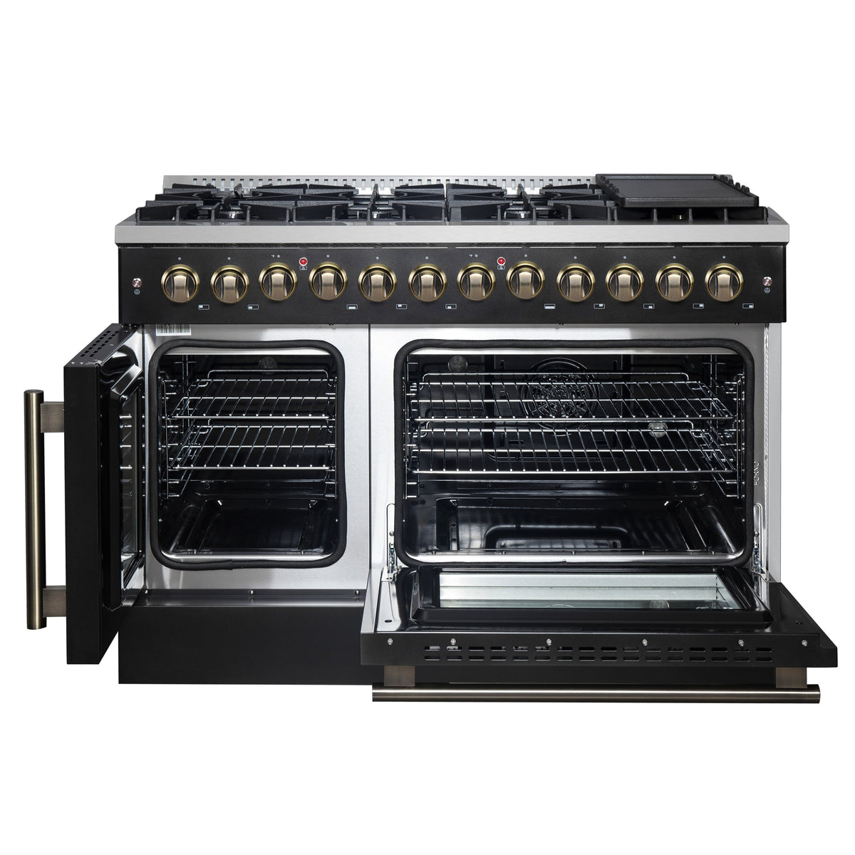 Forno Galiano 48-Inch Dual Fuel Range with French Door Oven, 6.58 cu. ft., 8 Sealed Burners, Griddle, Black with Antique Brass Accents (Model FFSGS6356-48BLK)