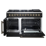 Forno Galiano 48-Inch Dual Fuel Range with French Door Oven, 6.58 cu. ft., 8 Sealed Burners, Griddle, Black with Antique Brass Accents (Model FFSGS6356-48BLK)