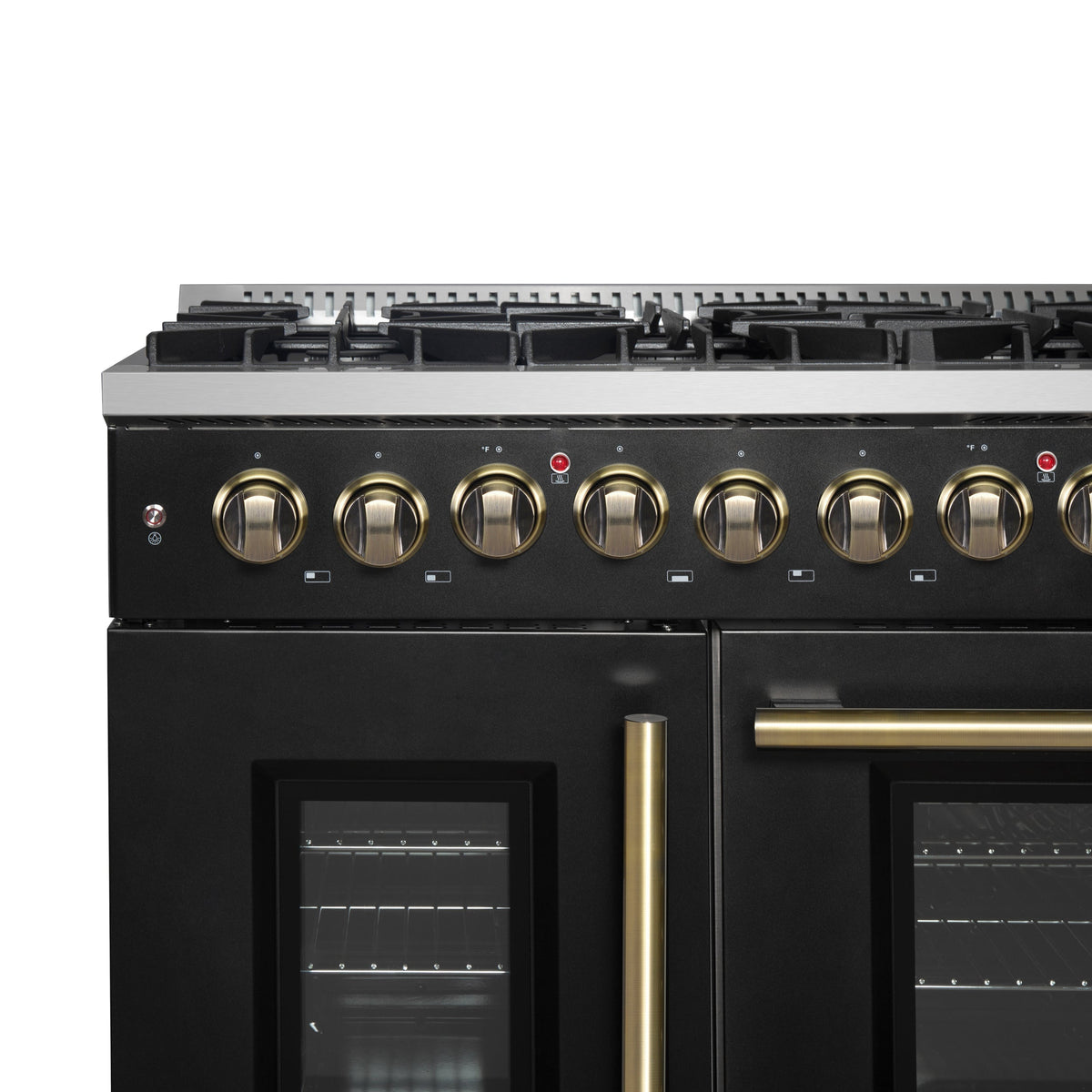 Forno Galiano 48-Inch Dual Fuel Range with French Door Oven, 6.58 cu. ft., 8 Sealed Burners, Griddle, Black with Antique Brass Accents (Model FFSGS6356-48BLK)