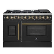 Forno Galiano 48-Inch Dual Fuel Range with French Door Oven, 6.58 cu. ft., 8 Sealed Burners, Griddle, Black with Antique Brass Accents (Model FFSGS6356-48BLK)