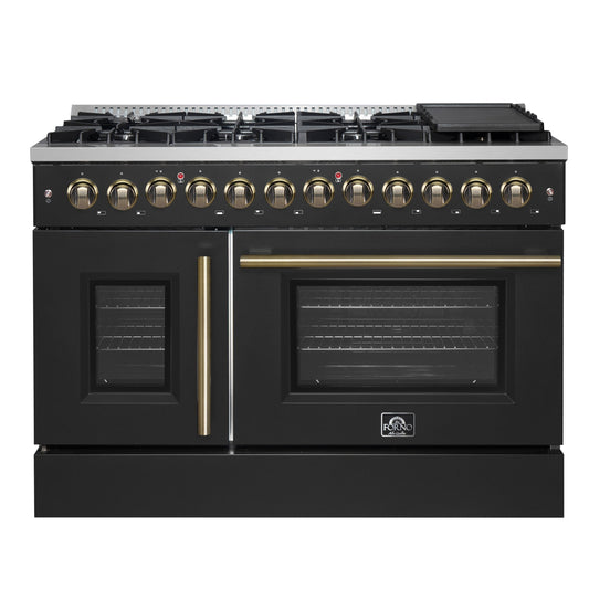 Forno Galiano 48-Inch Dual Fuel Range with French Door Oven, 6.58 cu. ft., 8 Sealed Burners, Griddle, Black with Antique Brass Accents (Model FFSGS6356-48BLK)