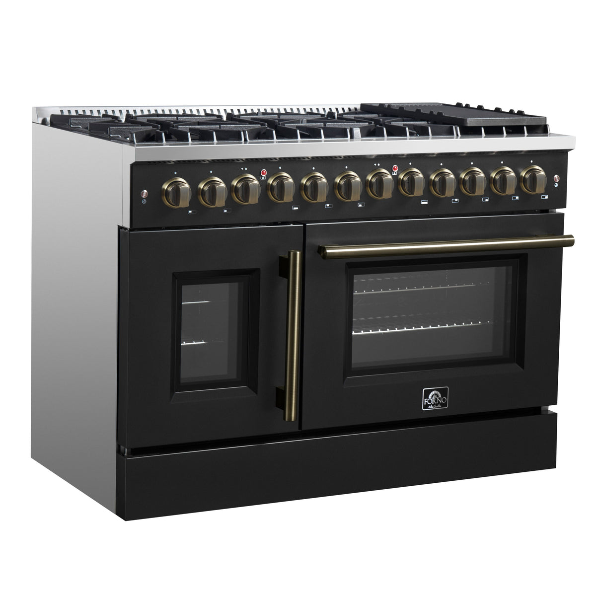 Forno Galiano 48-Inch Dual Fuel Range with French Door Oven, 6.58 cu. ft., 8 Sealed Burners, Griddle, Black with Antique Brass Accents (Model FFSGS6356-48BLK)