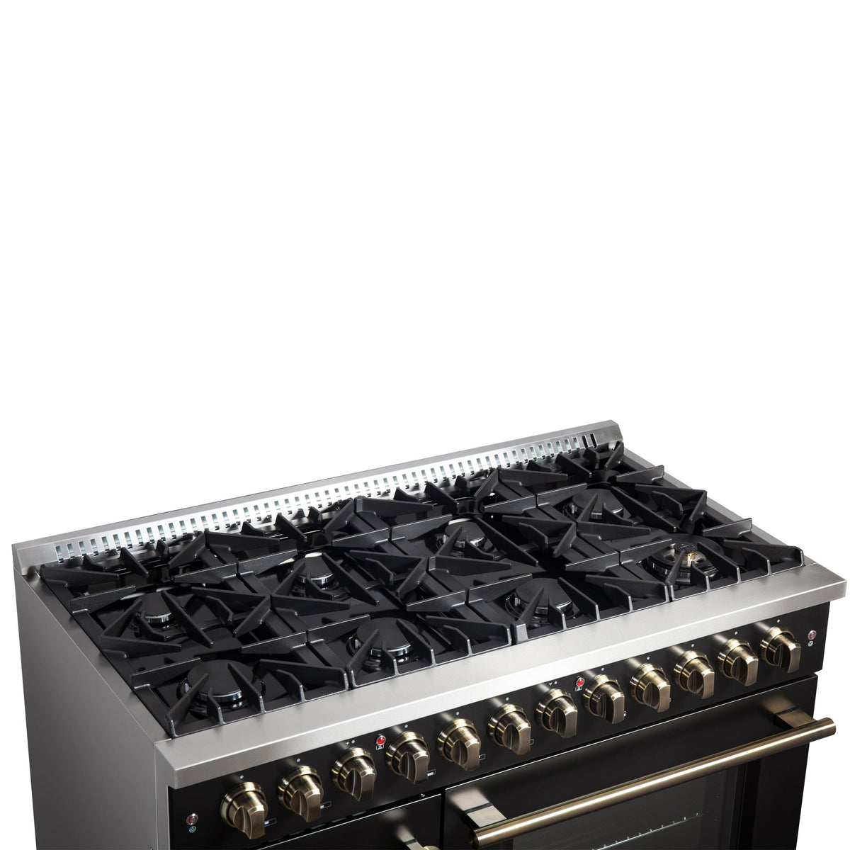 Forno Galiano 48-Inch Dual Fuel Range with French Door Oven, 6.58 cu. ft., 8 Sealed Burners, Griddle, Black with Antique Brass Accents (Model FFSGS6356-48BLK)