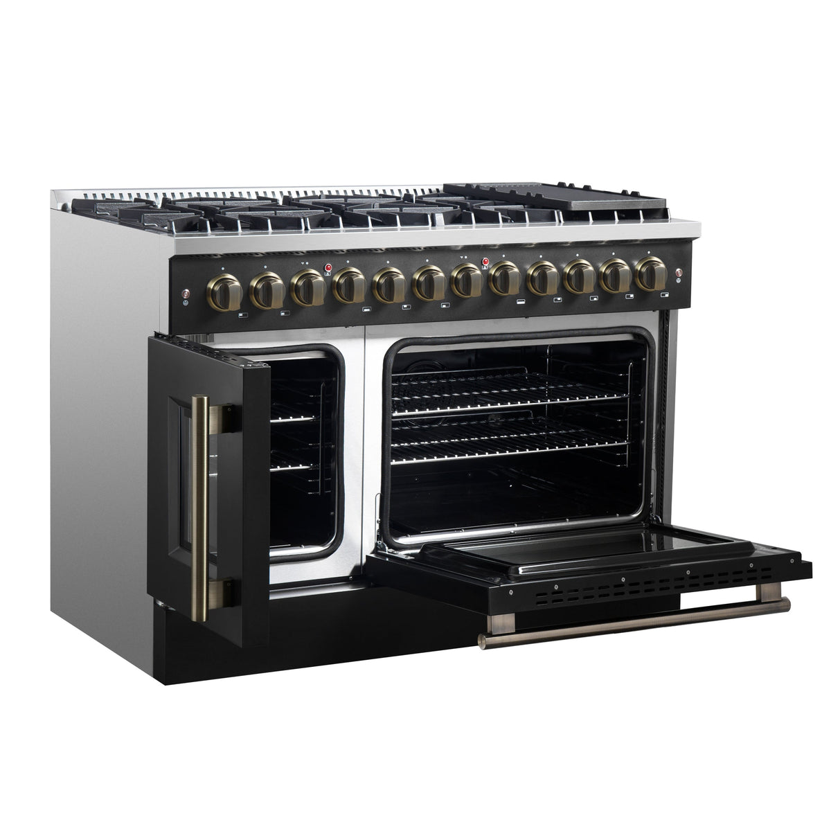 Forno Galiano 48-Inch Dual Fuel Range with French Door Oven, 6.58 cu. ft., 8 Sealed Burners, Griddle, Black with Antique Brass Accents (Model FFSGS6356-48BLK)