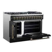 Forno Galiano 48-Inch Dual Fuel Range with French Door Oven, 6.58 cu. ft., 8 Sealed Burners, Griddle, Black with Antique Brass Accents (Model FFSGS6356-48BLK)